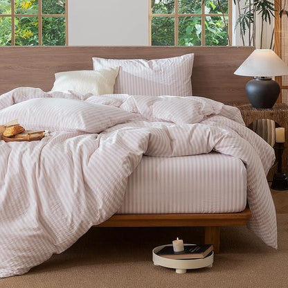 MooMee Striped Duvet Cover Set 100% Washed Cotton Linen Like Textured Breathable Durable Soft Comfy (Heathered Greyish Pink Classic Stripes, Oversized Full 82"x86")