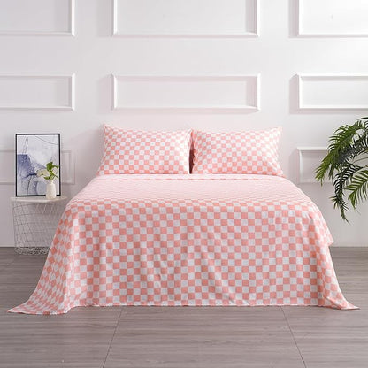 Queen Size Sheet Set 4 Piece -Microfiber Soft Durable Bedding Sheet Set,Deep Pocket,Stain,Fade & Wrinkle Resistant (Plaid Coral&White)