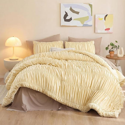 weigelia Cinched Comforter Set Queen – Soft Ruched Bedding Set, 3PCS Light Yellow All-Season Fluffy Lightweight Comforter with Pillowcases for Bedroom, Apartment & Dorm Decor