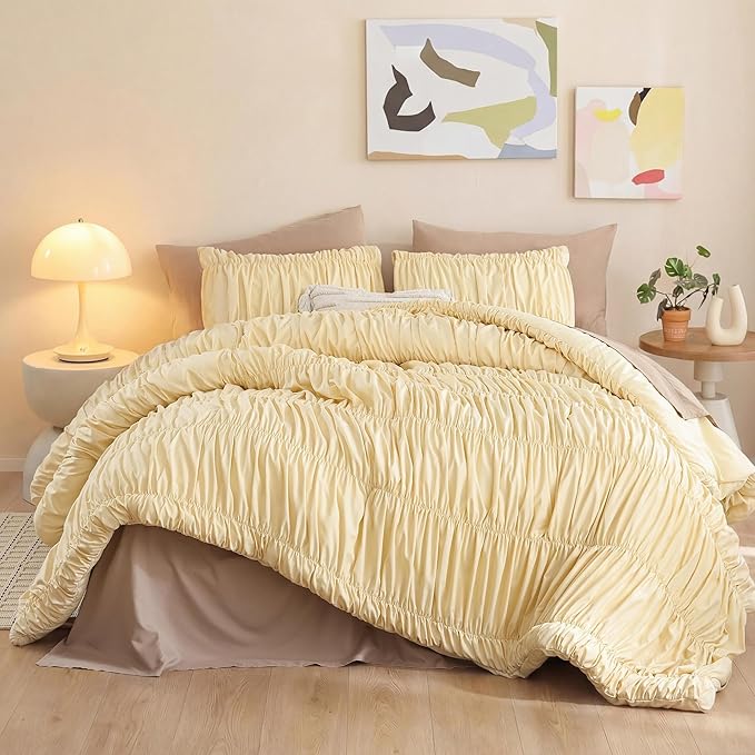 weigelia Cinched Comforter Set King – Soft Girl Ruched Bedding Set, 3PCS Light Yellow All-Season Fluffy Lightweight Comforter with Pillowcases for Bedroom, Apartment & Dorm Decor