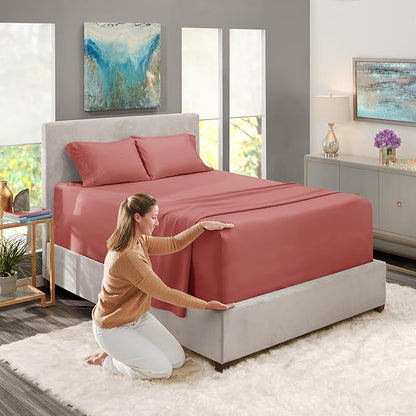 Nestl California King Size Sheet Set, 4 Piece Extra Deep Pocket (18-24 inches), Microfiber, Hotel Luxury, Soft, Breathable, Wrinkle-Free, Easy to Care, Pink Clay