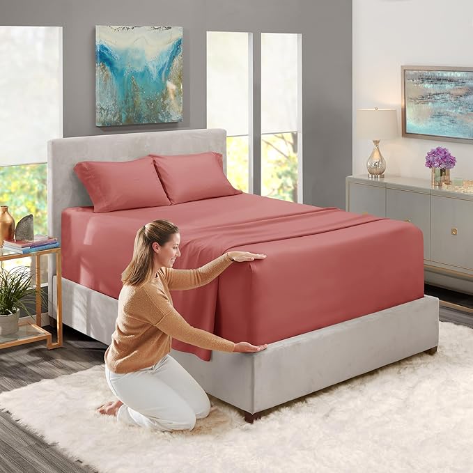 Nestl King Size Sheet Set, 4 Piece Extra Deep Pocket (18-24 inches), Microfiber, Hotel Luxury, Soft, Breathable, Wrinkle-Free, Easy to Care, Pink Clay