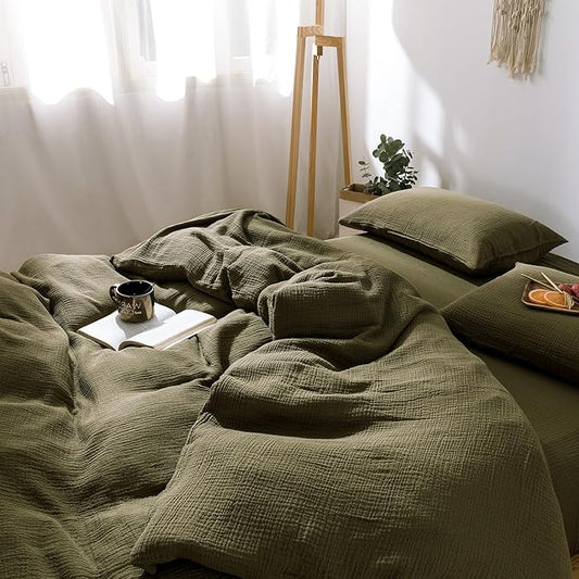 VM VOUGEMARKET Olive Green Duvet Cover Queen Size - 3 Pieces Muslin Cotton 3-Layer Guaze Textured Bedding Set, Includes 1 Duvet Cover 90x90 Inches with Zipper Closure & 2 Pillowcases