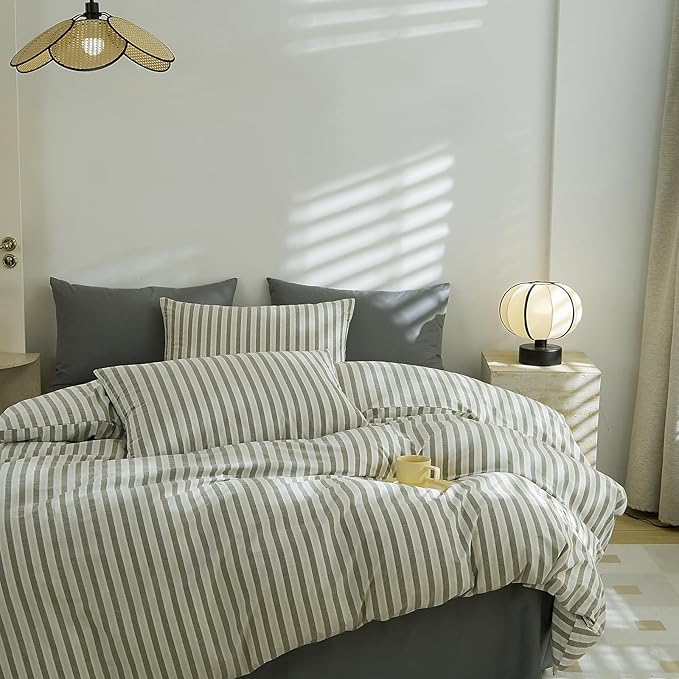 3 Pieces Striped Duvet Cover Set Full, 100% Cotton White Grey Stripes Pattern Printed Comforter Cover, Farmhouse Striped Bedding Set Soft Breathable Duvet Cover with 2 Pillowcases for All Seasons