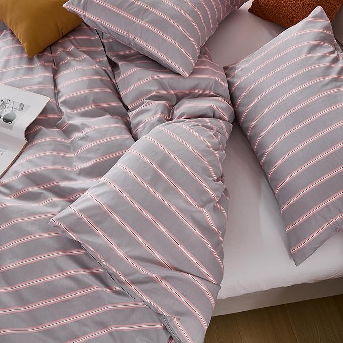 Merryword 100% Cotton Duvet Cover Set King Size - Gray and Pink Striped Bedding Set with Zipper & Corner Ties, 3-Piece Luxury Linen Like Bedding Set for All Seasons