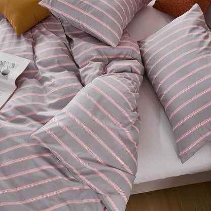 Merryword 100% Cotton Duvet Cover Set King Size - Gray and Pink Striped Bedding Set with Zipper & Corner Ties, 3-Piece Luxury Linen Like Bedding Set for All Seasons