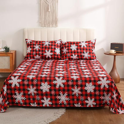 JSD Red Buffalo Plaid Snowflakes Christmas Sheet Set Cal King, 4 Piece Holiday Winter Microfiber Bedding Sheets Extra Deep Pocket