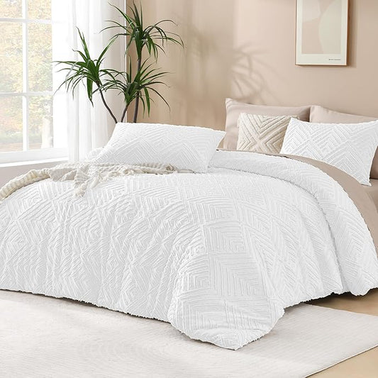 Andency White Oversized King Comforter 120"x120", 3 Pieces White Super King Boho Bedding Set & Collections, Farmhouse Tufted Fluffy Bed Set (1 Comforter, 2 Pillowcases)