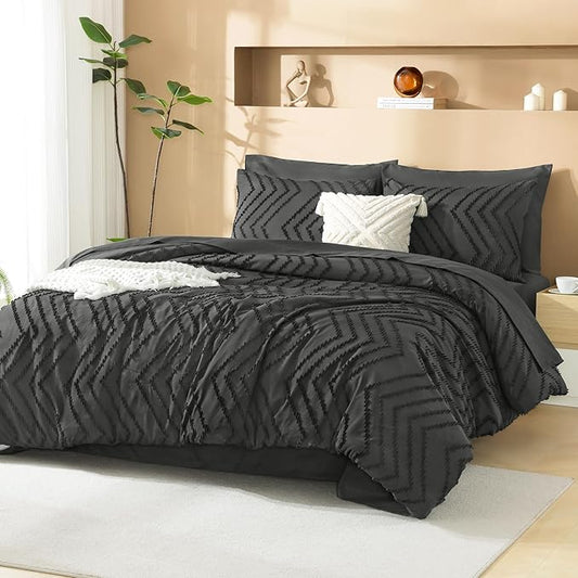 Litanika Dark Grey Queen Size Comforter Set with Sheets - 7 Pieces Bed in a Bag Queen Tufted Complete Bedding Sets with Comforter, Sheets, Pillowcases & Shams