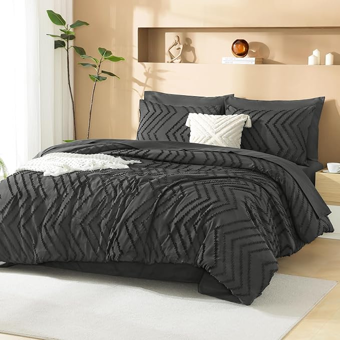 Litanika Dark Grey Full Size Comforter Set with Sheets - 7 Pieces Bed in a Bag Full Tufted Complete Bedding Sets with Comforter, Sheets, Pillowcases & Shams
