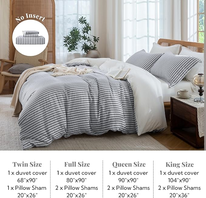 MILDLY Dark Grey Striped Duvet Cover - 100% Washed Cotton Jacquard Boho Textured Comforter Cover 3pcs with Corner Ties Zipper Closure 104"x90"