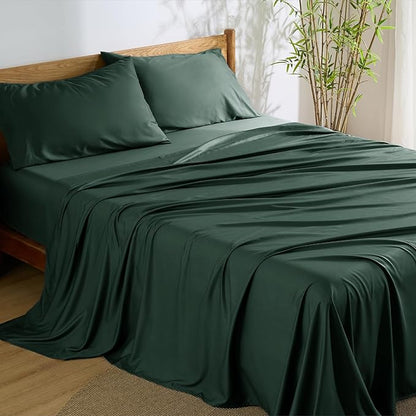Bedsure Queen Sheet Set, Rayon Derived from Bamboo, Cooling Sheets, PureWoven, Breathable & Soft, Deep Pocket Up to 16 Inches, Hotel Luxury Silky Bedding for Hot Sleepers, Forest Green