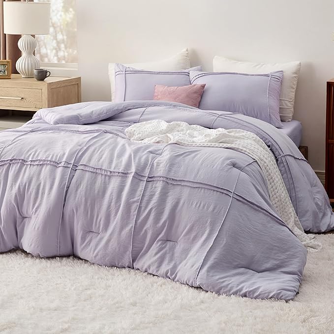 Bedsure Queen Comforter Set with Sheet - 4 Pieces Soft Lavender Purple Bedding, Grid Pinch Pleat, All Season Lightweight Fluffy Bed Set with Solid Boho Comforter, Pillowcases & Sheet