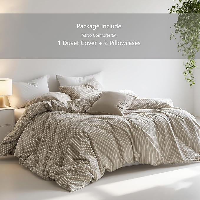 Nayoroom Brown Striped Duvet Cover Queen Size 100% Washed Cotton White Pinstripe Duvet Cover 3 Pieces Soft Breathable Girls Dorm Bedding Set for All Seasons, Yarn Dyed Process