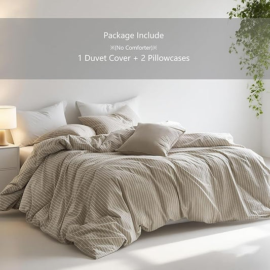 Nayoroom Brown Striped Duvet Cover Queen Size 100% Washed Cotton White Pinstripe Duvet Cover 3 Pieces Soft Breathable Girls Dorm Bedding Set for All Seasons, Yarn Dyed Process
