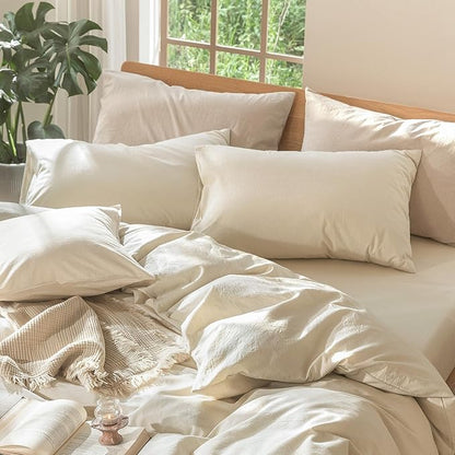 MooMee Bedding Pillowcases Pack of 2 100% Washed Cotton Linen Like Textured Breathable Durable Soft Comfy (Heathered Almond Milk Grey, Queen)