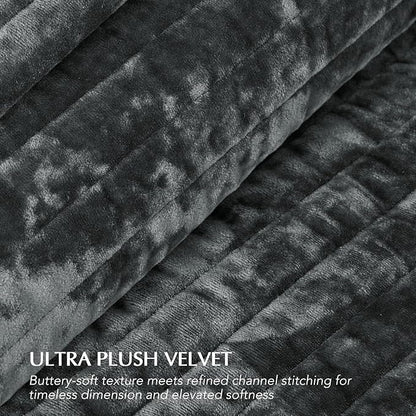 EVERGRACE Velvet Quilt Set Queen Size, Luxurious Soft Striped Channel Bedding Set, Lightweight Velvet Comforter for All Season, Oversized Bedspread Coverlet with 2 Matching Shams, Charcoal Gray