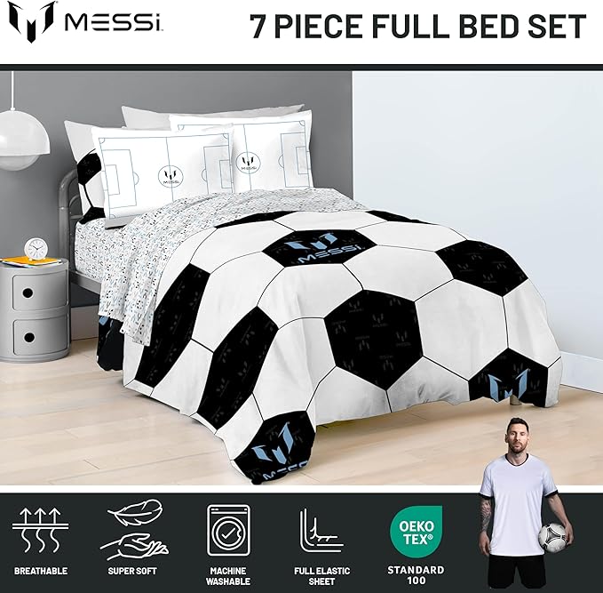 Jay Franco Kids Comforter Set Includes Sheets and Pillow Cover - Soft and Cozy Bed Set for Stylish Room Décor, White - Messi, 7 Piece Full