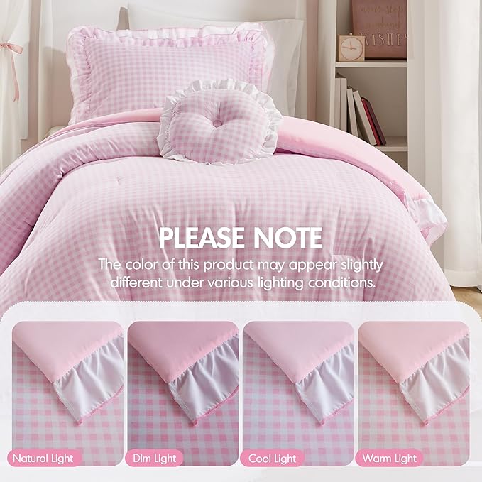 Intelligent Design Rowena Twin Comforter Set – Blush Pink Gingham Ruffled Bedding, Vintage Farmhouse Style, Reversible All Season 3-Piece Bedding Set, Twin/Twin XL, Gift for Her