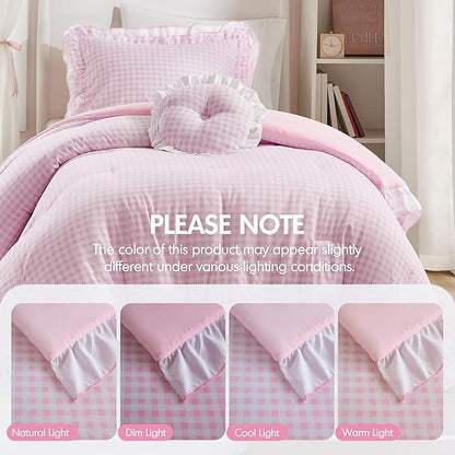 Intelligent Design Rowena Twin Comforter Set – Blush Pink Gingham Ruffled Bedding, Vintage Farmhouse Style, Reversible All Season 3-Piece Bedding Set, Twin/Twin XL, Gift for Her