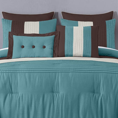 Chezmoi Collection Loft 8-Piece Luxury Striped Comforter Set (King, Blue/Beige/Chocolate Brown)