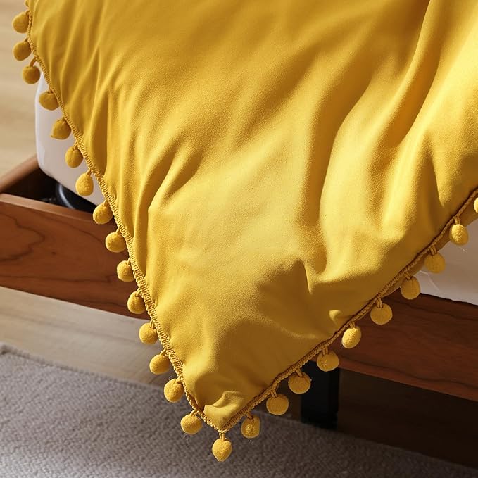 YIRDDEO Full Size Comforter Sets - Full Size Comforter with Ball Pom Fringe, Soft Bedding Set for All Seasons - 3 Pieces, 1 Comforter (79"x90") & 2 Pillow Shams(20"x26"), Mustard Yellow