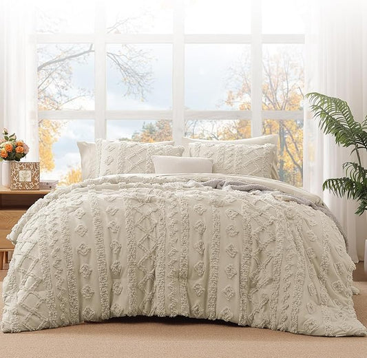 WRENSONGE King Size Comforter Set with Sheets - 7 Pieces Beige Tufted Bed in a Bag King Shabby Chic Bedding Sets with 1 Comforter, 2 Sheets, 2 Pillowcases & 2 Shams