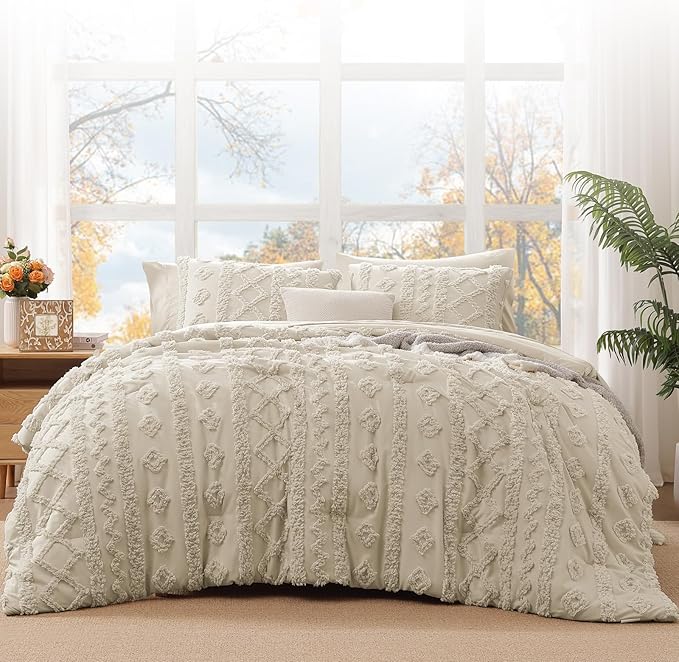 WRENSONGE Twin-XL Size Comforter Set with Sheets - 7 Pieces Beige Tufted Bed in a Bag Twin-XL Shabby Chic Bedding Sets with 1 Comforter, 2 Sheets, 2 Pillowcases & 2 Shams