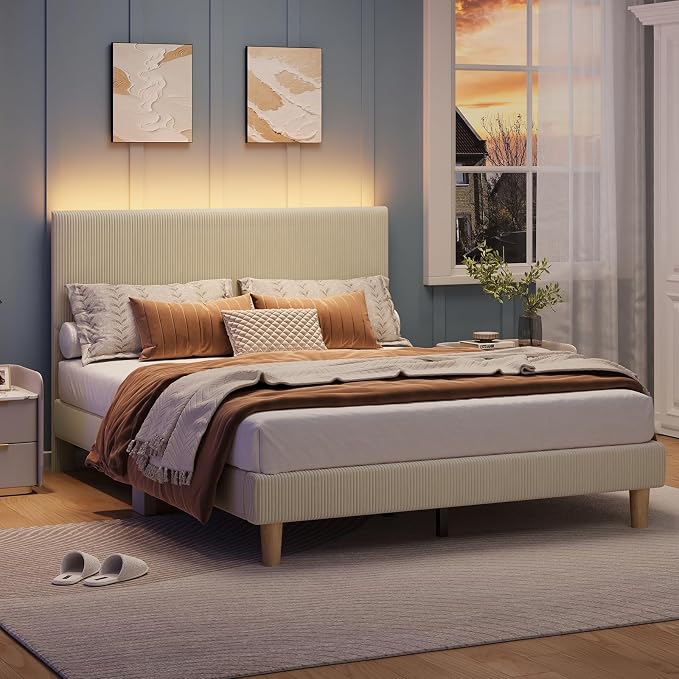 Bestier Queen Size Bed Frame with Headboard LED Lighting,Upholstered,Taupe | Easy Assembly,LED Lighting Headboard,No Squeaks,Vertical Channel Corduroy Upholstered,Wood Slats Support,No Box Spring Needed