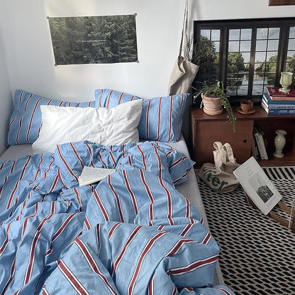 mixinni Vintage Striped Blue Duvet Cover Queen - 100% Cotton Red Stripes 3-Piece Bedding Duvet Cover Set with Zipper Closure, Soft & Breathable Retro Design for All Seasons (Queen Size)
