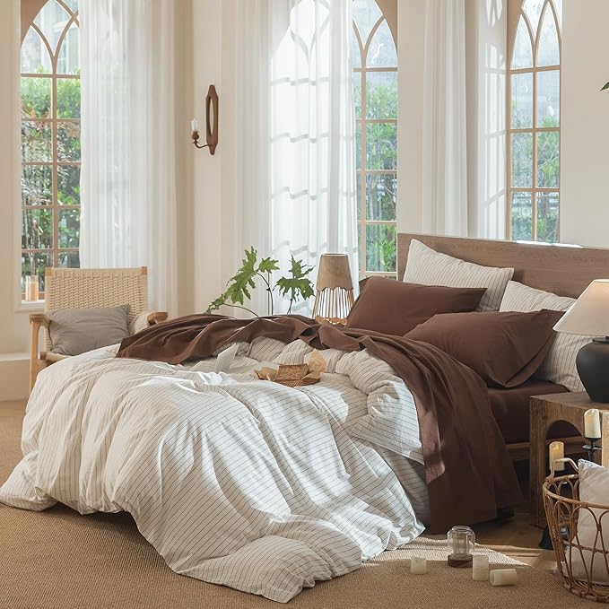 MooMee Bedding Sheet Set 100% Washed Cotton Linen Like Textured Breathable Durable Soft Comfy (Solid Cocoa Brown, California King)