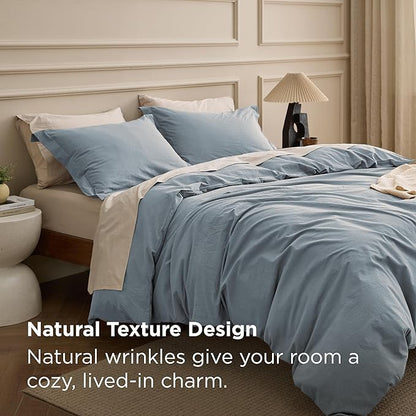 Bedsure 100% Washed Cotton Duvet Cover Queen Size - Dusty Blue Minimalist Cotton Bedding Linen Like for All Seasons - GentleSoft™ Plain Simple Duvet Cover, 3 Pieces (Dusty Blue, Queen, 90"x90")