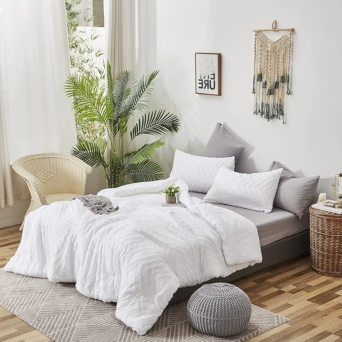 Houseri Boho Twin Tufted Comforter Set - Jacquard Embroidery Bedding - Shabby Chic - All White - Kids Solid Comforters & Quilts