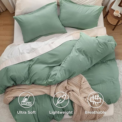 Bedsure Sage Green Duvet Cover Queen Size - 3 Pieces Prewashed Cotton-Like Polyester Extra Soft Bedding Set, Includes 1 Duvet Cover 90x90 Inches with Zipper Closure & 2 Pillow Shams, No Comforter