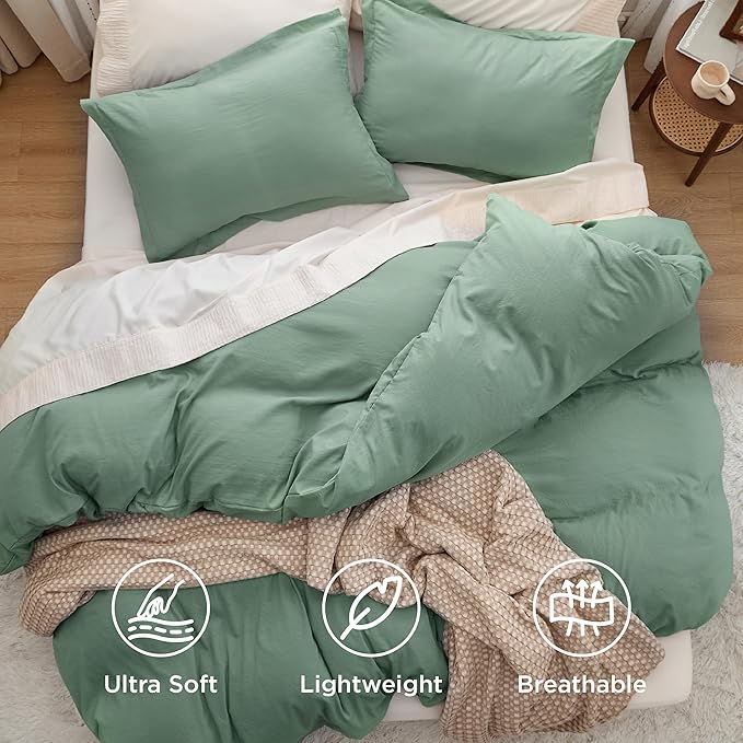 Bedsure Sage Green Duvet Cover Full Size - 3 Pieces Prewashed Extra Soft Cotton-Like Polyester Bedding Set, Includes 1 Duvet Cover 80x90 Inches with Zipper Closure & 2 Pillow Shams, No Comforter