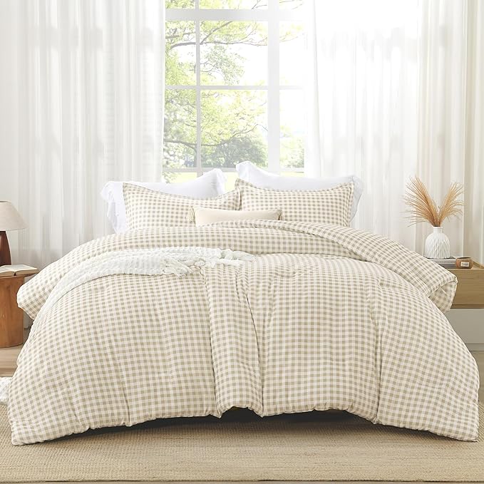 Andency Beige Gingham Comforter Set Full(79x90Inch), Cream Checkered Grid Plaid Buffalo Bed Set for Girls Boys Kids Teens, 3 Pieces Lightweight Polyester Geometric Preppy Bedding