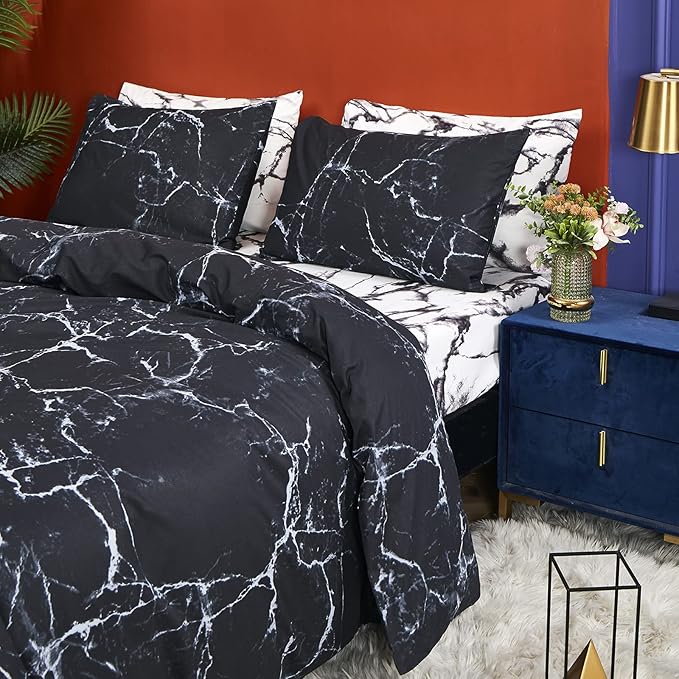 CLOTHKNOW Black White Full Size Comforter Sets Marble Bedding Comforter Sets Soft All Season Black Comforters with 2 x Pillow Cases