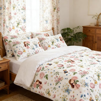 Pink Floral Bed in A Bag King for Girls, 5Pcs Pink Rose Bedding for Kids Kawaii Bedroom Decor, Cute Priness Girly Rabbit Bear Comforter Set with 2 Pillowcases, 104"x90"