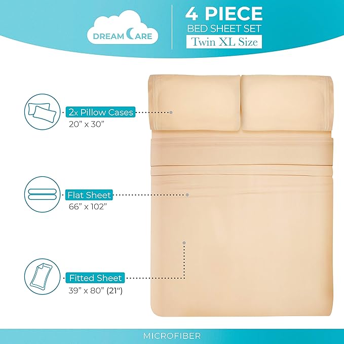 DREAMCARE Twin XL Sheets - 4 PCS Set - up to 21 inches - 2500 Supreme Collection - Superior Softness - Hotel Luxury Sheets & Pillowcases Set - Wrinkle and Fade Resistant (Twin XL, Beige)