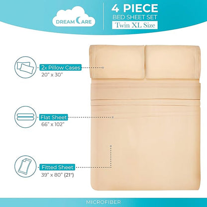 DREAMCARE Twin XL Sheets - 4 PCS Set - up to 21 inches - 2500 Supreme Collection - Superior Softness - Hotel Luxury Sheets & Pillowcases Set - Wrinkle and Fade Resistant (Twin XL, Beige)