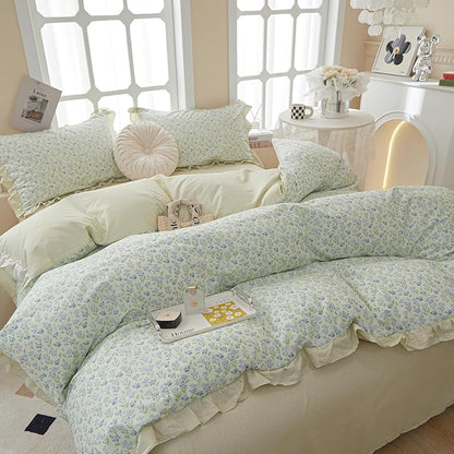HighBuy Blue Floral Comforter Set Twin XL with Lace Edge Reversible Stripes Ruffled Comforter with 2 Lace Pillowcases Fluffy Coquette Cottagecore Botanical Bedding Comforter for Teen Girls