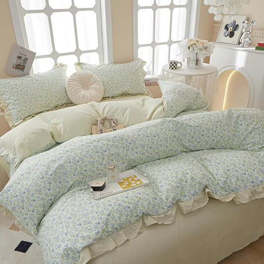 HighBuy Blue Floral Comforter Set Twin XL with Lace Edge Reversible Stripes Ruffled Comforter with 2 Lace Pillowcases Fluffy Coquette Cottagecore Botanical Bedding Comforter for Teen Girls