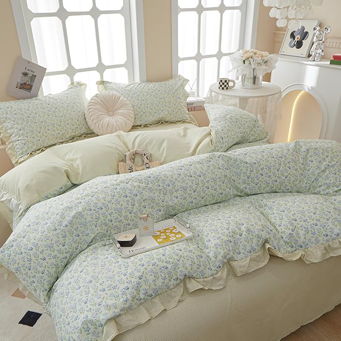 HighBuy Green Ruffle Comforter Set Queen Lace Edge Blue Flower Bedding Comforter Set Coquette Cottagecore Bedding Set with 1 Romantic Comforter 2 Lace Pillow Shams for Teen Girls All Seasons