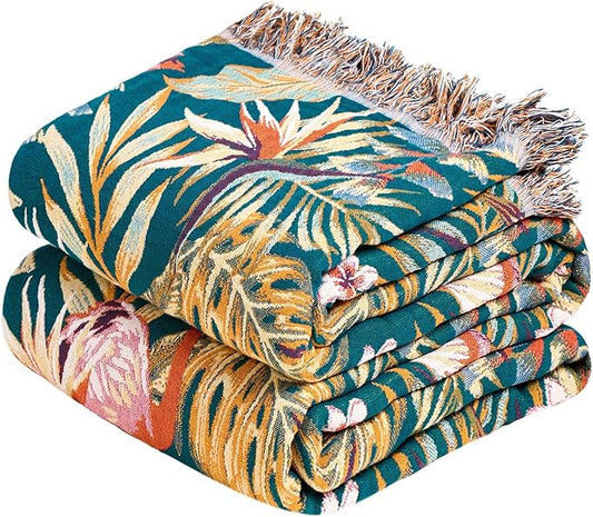 MSGKV Boho Throw Blanket for Couch 50"x60" 100% Cotton Jungle Animal Blanket Spring Breathable Lightweight Blankets for Sofa Home Decor Muslin All Seasons