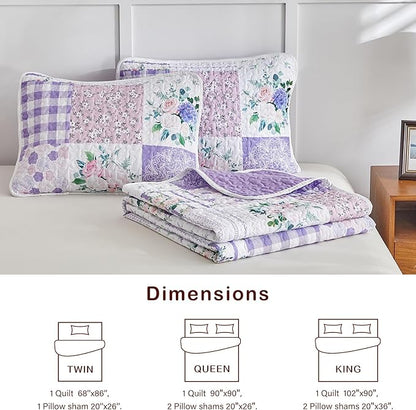 Joyreap 3 Pieces Floral Quilt Set Queen, Patchwork Purple n Pink Flowers Design, Smooth Soft Microfiber Quilt, Bedspread Bed Cover for All Season, 1 Quilt and 2 Pillow Shams- 90x90 inches