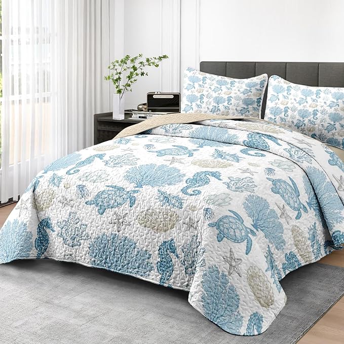 Quilt Set Full/Queen Size, Sea Shell Coral Seahorse 3 Pcs Soft Bed Cover Bedding Set for Kids and Adults, Starfish Nautical Lightweight Bedspread Coverlet with Pillow Sham for All Season
