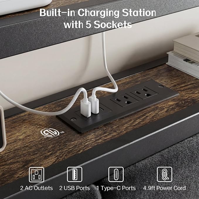 OLEVS Full Size Bed Frame with Headboard, LED Light & Charging Station | Metal Platform Bed Upholstered Headboard 2-Tier Shelf & Footboard, Smart LED Lightning Type C USB Ports, No Need Box Spring