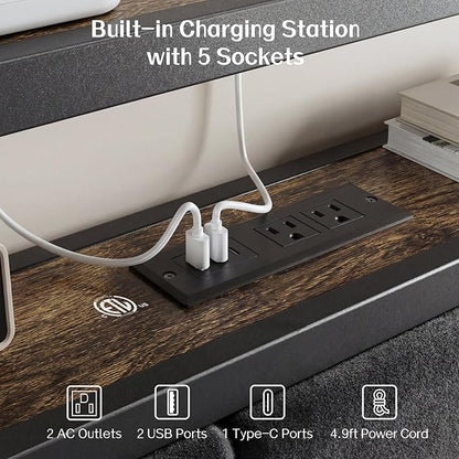 OLEVS Full Size Bed Frame with Headboard, LED Light & Charging Station | Metal Platform Bed Upholstered Headboard 2-Tier Shelf & Footboard, Smart LED Lightning Type C USB Ports, No Need Box Spring