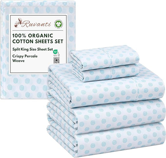 RUVANTI 100% Organic Cotton Sheets Split King, Percale Weave, GOTS Certified, 5-Piece Set, Deep Pocket 15", Crisp & Breathable, Soft Durable Bedding, Sábanas Algodón Orgánico – Circle Imprint