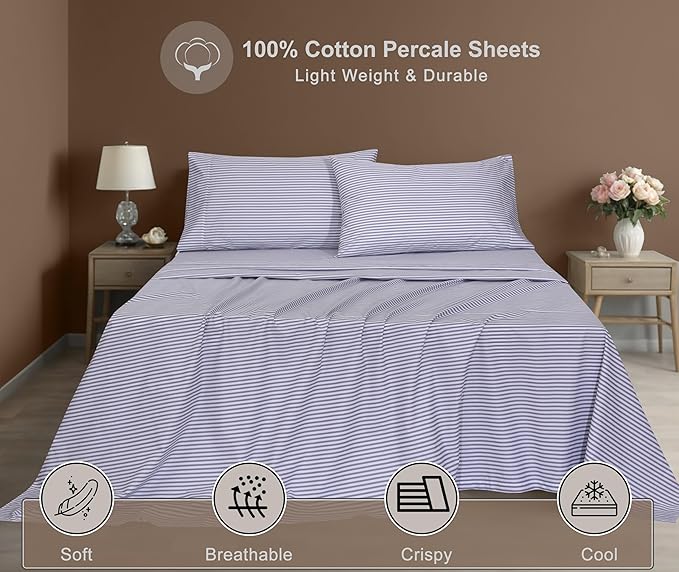 ZOYER 100% Cotton Sheets – King Size Percale Bedding, Cooling & Breathable, Durable with a Crisp, Soft & Comfortable Feel, 16" Deep Pocket, 4-Piece Set, Grey Stripe